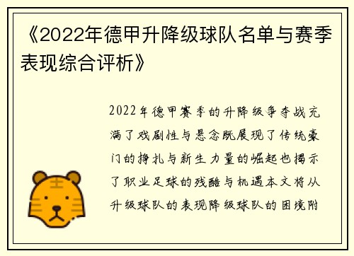 《2022年德甲升降级球队名单与赛季表现综合评析》
