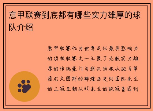 意甲联赛到底都有哪些实力雄厚的球队介绍